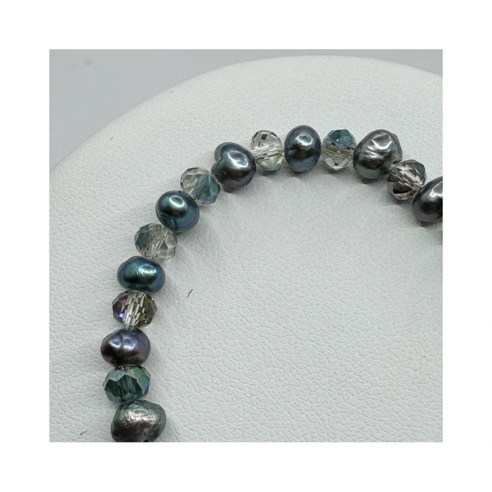 Genuine baroque pearl silver cross children’s bracelet iridescent faceted beads